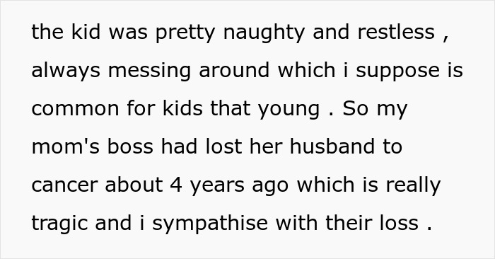 Text excerpt showing a teen describing a restless kid and reflecting on a tragic loss involving cancer.