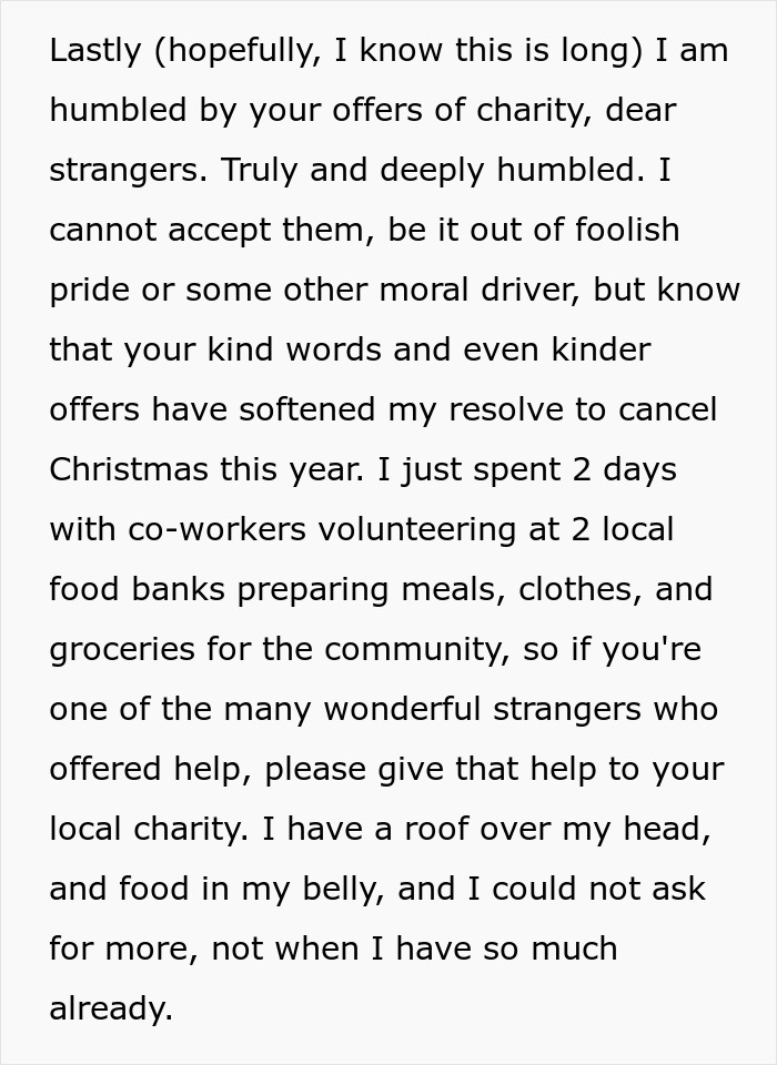 Text about a father explaining his decision to cancel Christmas due to financial struggles and volunteering at local food banks.