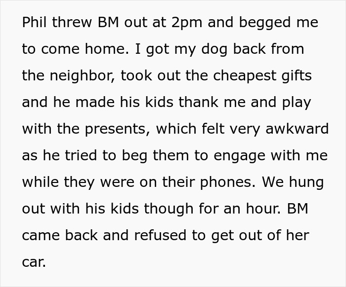 Text describing a woman buying expensive gifts for boyfriend&rsquo;s kids who is later told she cannot spend Christmas with them.