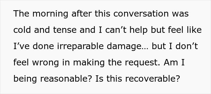Text on a white background about a tense conversation and questioning if a relationship issue over financing a renovation is recoverable.