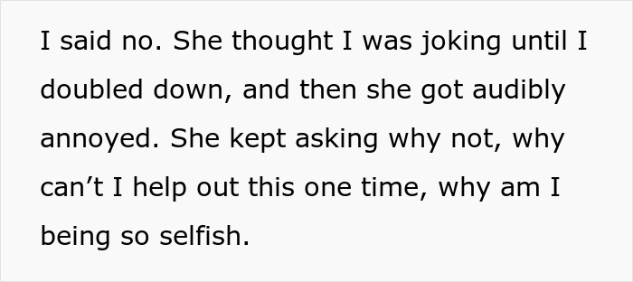 Text excerpt showing a guy refusing babysitting on vacation and being called selfish for having a life.