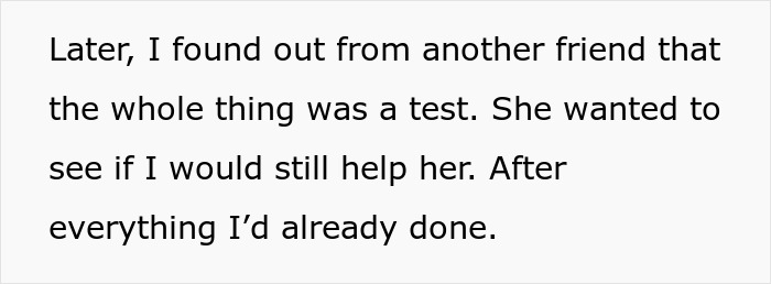 Text excerpt explaining a loyalty test where a woman checks if a friend will still help after past efforts.