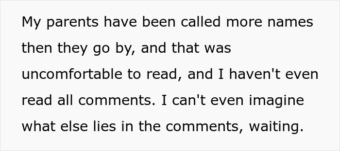 Text excerpt about discomfort with negative comments related to mom affair college money dad situation.