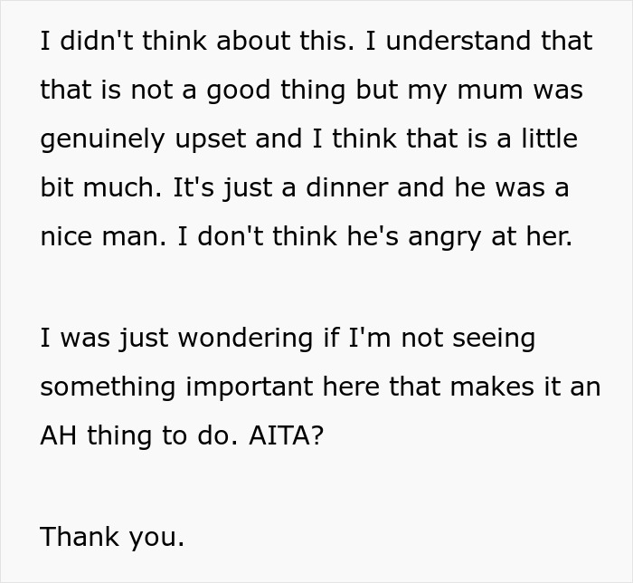 Text about a man picking at his food during dinner with his mom’s boss, questioning if he ruined everything. Text about a man picking at his food during dinner with his mom’s boss, questioning if he ruined everything.