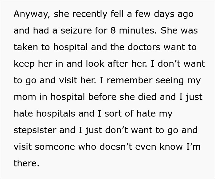 Sad teen refuses visit to special needs stepsister in hospital due to fear of hospitals and complicated family feelings.