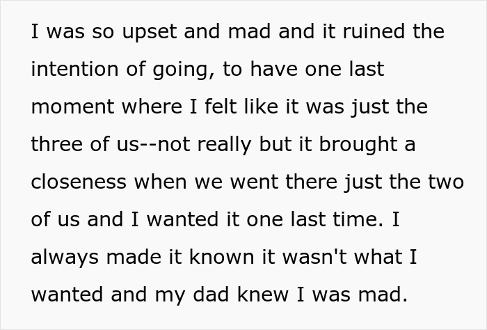 Text excerpt about a daughter upset with her selfish dad after he ruined her Christmas memory, demanding apology.