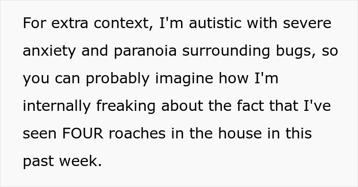 Text discussing anxiety about bugs and spotting four roaches after sister moved in, causing a clean-up fee dispute.