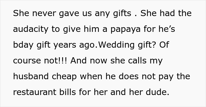 Text excerpt showing a woman gives brother a papaya as birthday gift and calls him cheap for not paying her bills.