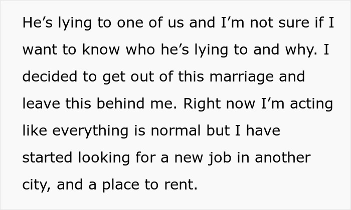 Text expressing a woman’s decision to leave marriage after her kind husband made fun of her to his cheating ex-wife. Text expressing a woman’s decision to leave marriage after her kind husband made fun of her to his cheating ex-wife.