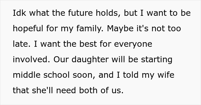 Text excerpt expressing hope for family unity despite wife prioritizing work over family and feelings of being a single parent.