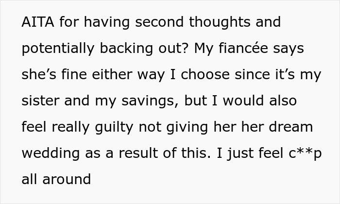 Text post discussing woman&rsquo;s doubts about funding sister&rsquo;s $4k plastic surgery amid body dysmorphia concerns.