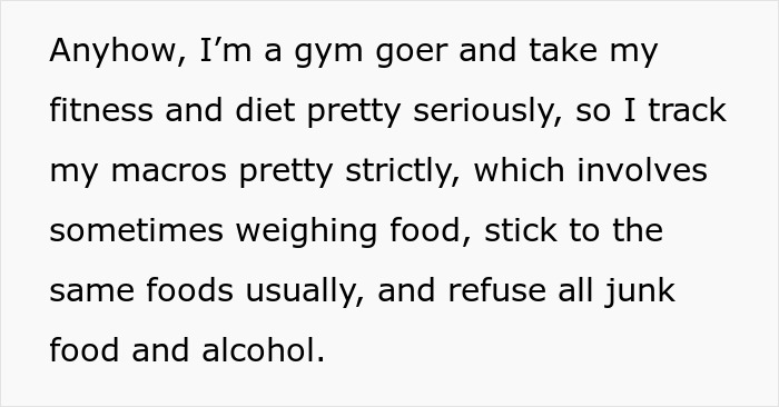 Excerpt from a health nut gym goer explaining strict diet habits and refusal of junk food and alcohol.
