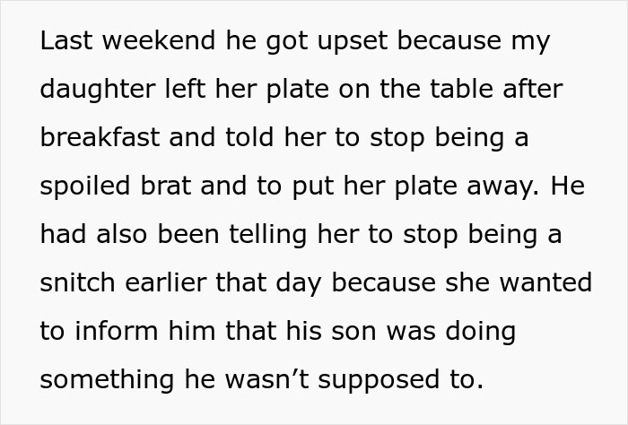 Text excerpt about boyfriend-daughter snitch drama involving a breakfast argument over a plate and tattling. Text excerpt about boyfriend-daughter snitch drama involving a breakfast argument over a plate and tattling.
