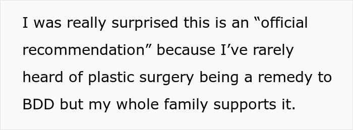 Text excerpt discussing plastic surgery as a remedy for body dysmorphia with family support involved.