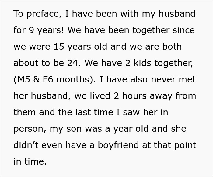Text excerpt describing a long-term relationship and family details before addressing a bride mad cousin dress wedding issue.