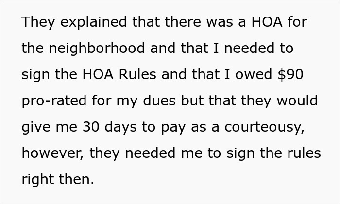 Text discussing HOA neighborhood rules and dues payment requirements with a focus on HOA president conflicts and legal action.