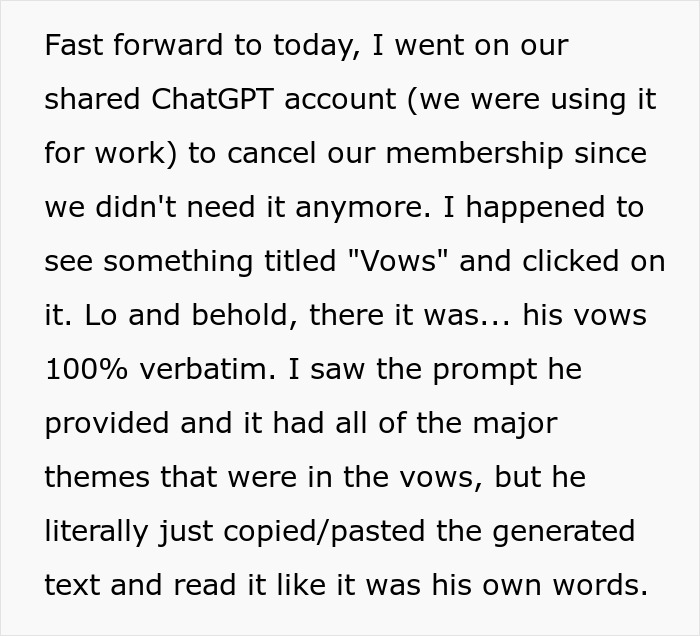 Text describing how groom’s vows made wife cry after discovering how he wrote them using AI-generated text. Text describing how groom’s vows made wife cry after discovering how he wrote them using AI-generated text.