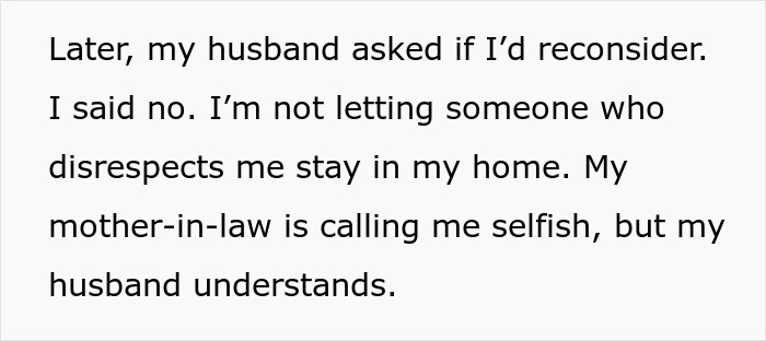 Text excerpt about woman refusing homeless sister-in-law to stay at home, highlighting family conflict and disrespect.