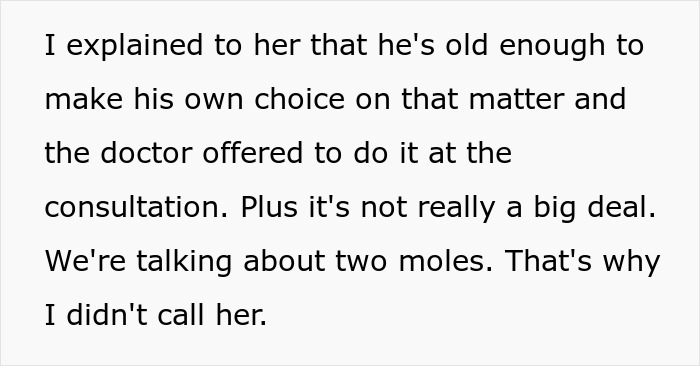 Text excerpt discussing a dad approving his 12-year-old son's mole removal as cosmetic surgery without mom's consent.
