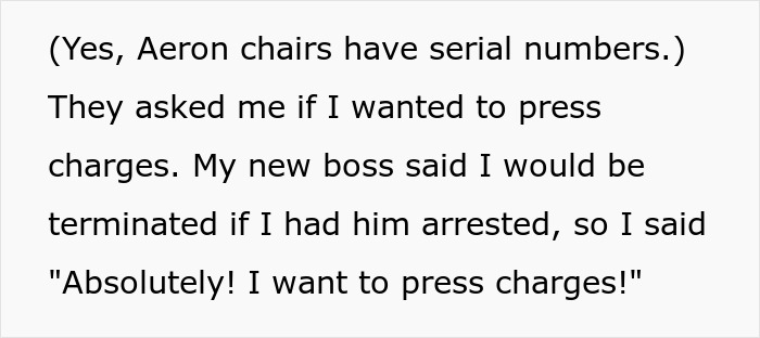 Text excerpt discussing Aeron office chairs with serial numbers and a person risking job loss over pressing charges related to the $1.8K chair. Text excerpt discussing Aeron office chairs with serial numbers and a person risking job loss over pressing charges related to the $1.8K chair.