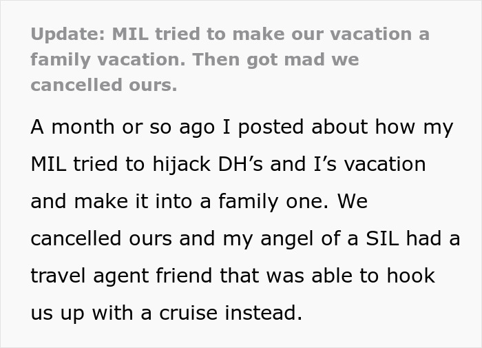 Text post about MIL trying to join couple&rsquo;s vacation, gets outplayed, and couple cancels plans for a cruise instead.