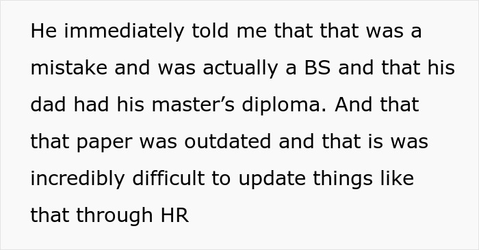 Text excerpt about a man lying about his master&rsquo;s degree and his wife uncovering the truth through investigation.