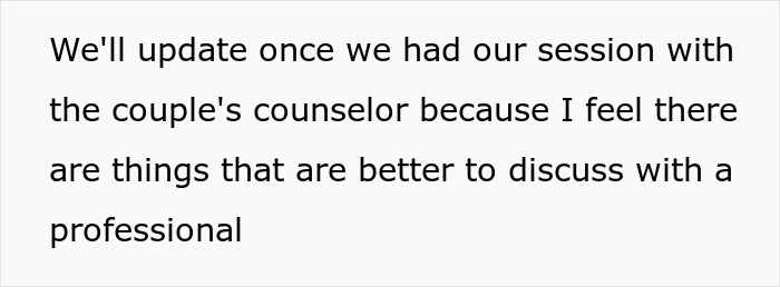 Text discussing an update after a session with a couple's counselor addressing childfree couple conflict after hysterectomy prank.