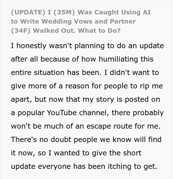 Man caught using AI to write wedding vows, bride leaves altar in emotional and humiliating situation.