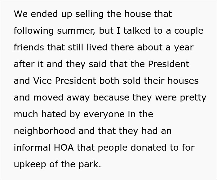 Text excerpt about HOA president and vice president selling houses and neighborhood opinions, related to stalkerish HOA president.
