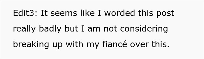 Text post stating a person clarifies they are not breaking up with their fianc&eacute; despite the situation with her brother.