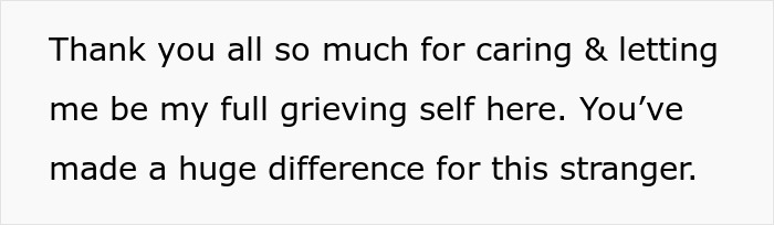 Text message expressing gratitude for support during a difficult grieving process from a woman&rsquo;s husband.