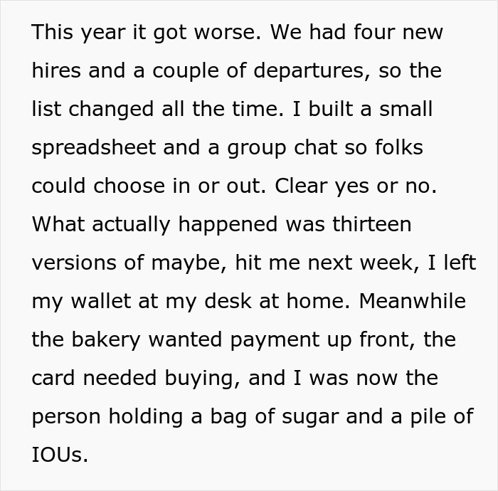 Text describing coworkers trying to organize a birthday with Venmo ghosting and no one confirming payments or participation.