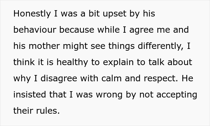 Text expressing upset over MIL making son's girlfriend sleep separately and not agreeing on praying or church rules.