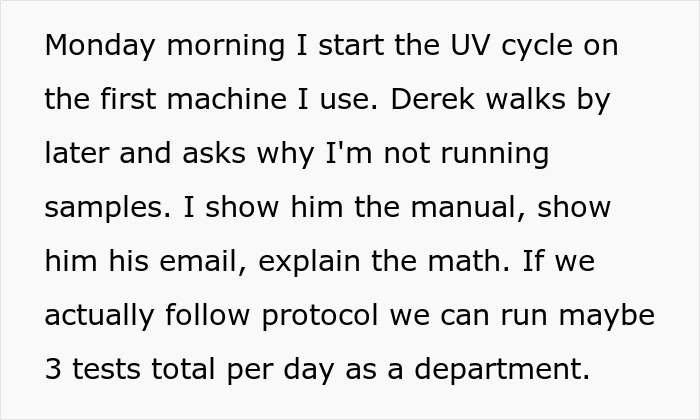 Text explaining starting a UV cycle by the book, following protocol limits testing to three per day in the office.