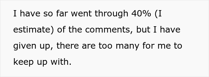 Text on screen showing a person stating they have read 40% of comments but given up due to too many to keep up with, related to mom affair college money dad.