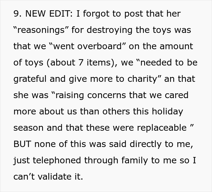 Text excerpt explaining the reasoning behind destroying a child&rsquo;s Christmas presents related to charity concerns.