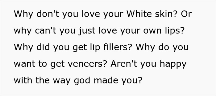 Text box with a white background containing a lecture about accepting natural skin and criticizing cosmetic surgery choices.