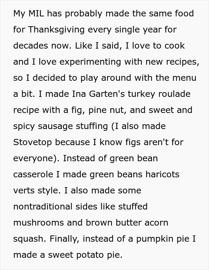 Alt text: Woman’s Thanksgiving dinner with experimental dishes criticized by in-laws for changing traditional holiday meal. Alt text: Woman’s Thanksgiving dinner with experimental dishes criticized by in-laws for changing traditional holiday meal.