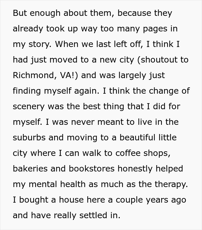 Woman shares inspiring update after leaving cheating husband, finding new city and improving mental health. Woman shares inspiring update after leaving cheating husband, finding new city and improving mental health.