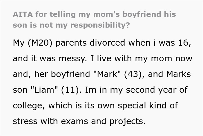 Young man explains why he told girlfriend&rsquo;s son is not his responsibility after babysitting conflict.