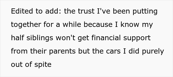 Alt text: Text discussing a woman accused of flexing her wealth after giving stepsiblings cars and cash out of spite.