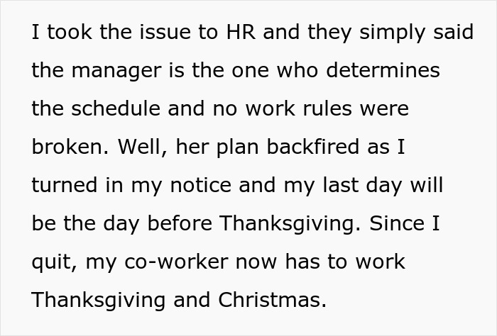 Text excerpt explaining how the hospital&rsquo;s family first vacation policy backfired as a child-free employee quit before Christmas.