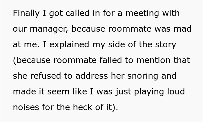 Text excerpt discussing a woman explaining her side about roommate&rsquo;s snoring causing sleep issues and conflicts at work.