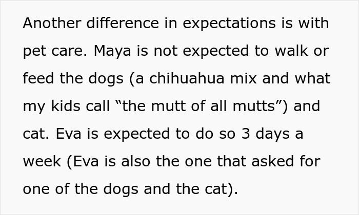 Text discussing different expectations for pet care between children, highlighting golden child and younger daughter roles. Text discussing different expectations for pet care between children, highlighting golden child and younger daughter roles.