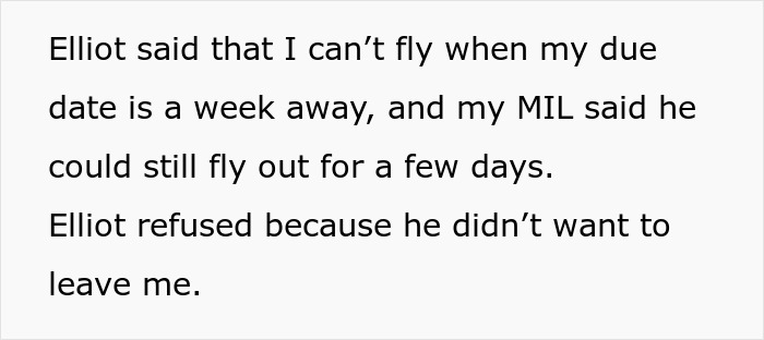 Text showing a conversation about a MIL upset over son choosing wife and baby, refusing to leave before due date.