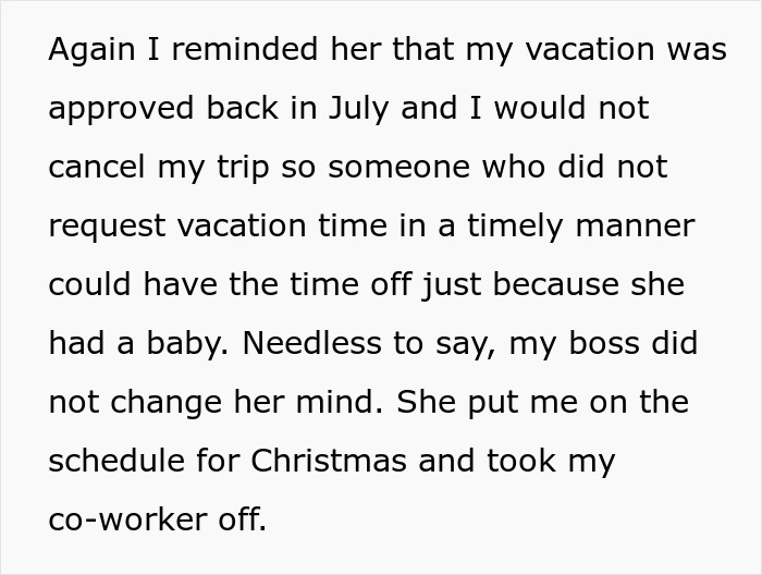 Text excerpt highlighting conflict over vacation policy at hospital where family-first approach causes employee to quit before Christmas.