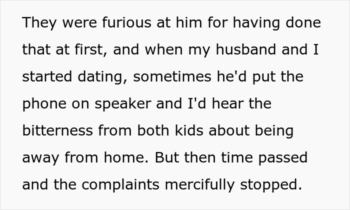 Text excerpt describing a woman hearing her stepchildren's bitterness about being away from home in a boarding school.