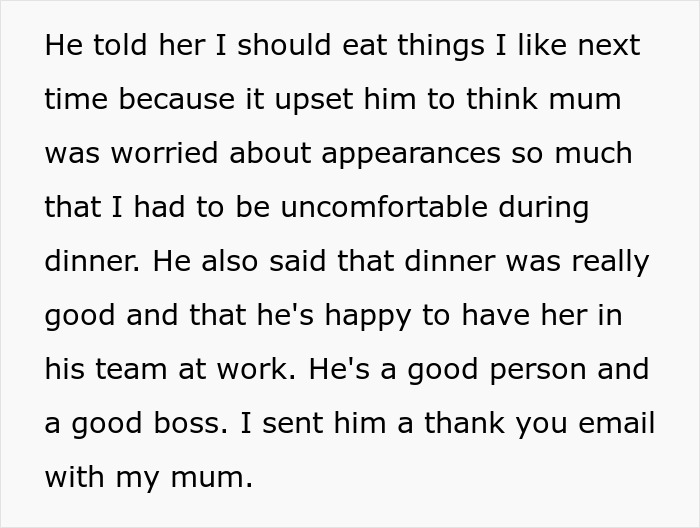 Man picks at his food during dinner with mom’s boss, feeling uncomfortable but receiving positive feedback. Man picks at his food during dinner with mom’s boss, feeling uncomfortable but receiving positive feedback.