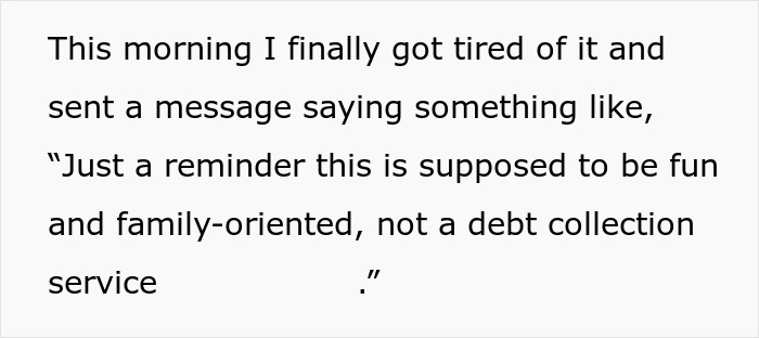 Text showing a family chat message about birthday money, emphasizing fun and avoiding debt collection tone.