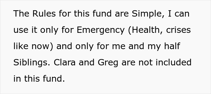 Text explaining family health fund rules allowing use only for emergencies for self and half-siblings, excluding others.